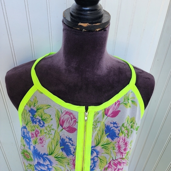 Poly Poly Yellow Floral Zip Sheer Blouse Retro Bright Boho Chic Sz M - Picture 3 of 11